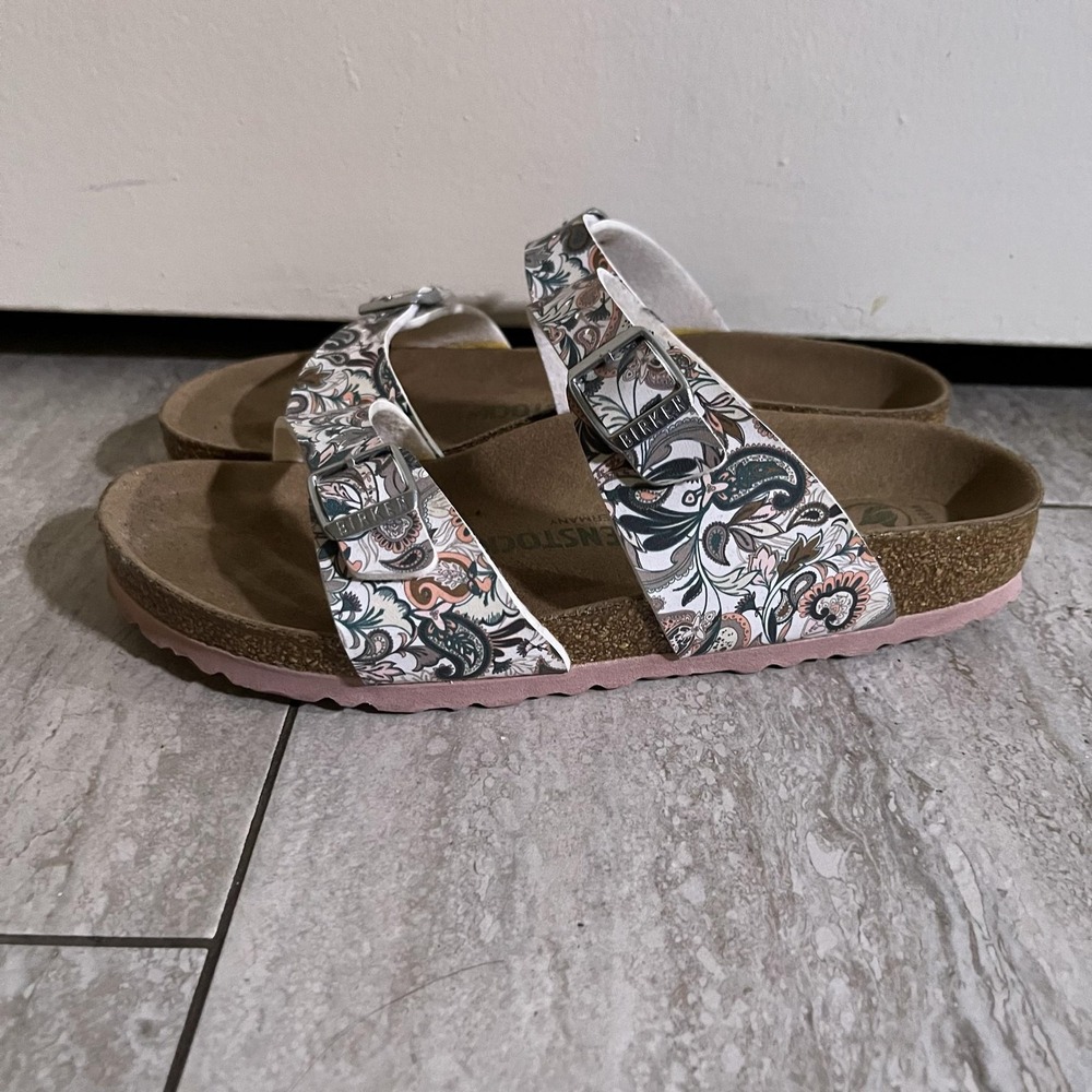 Birkenstock Arizona Sandals Womens 7 Multicolor Paisley Vegan Slide Shoes Pink - Picture 3 of 8